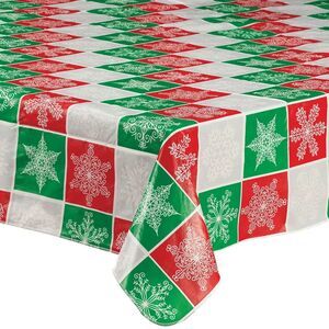 Snowflake Patchwork Vinyl Tablecloth 60" X 90" Holiday Red Green Fleece Backing